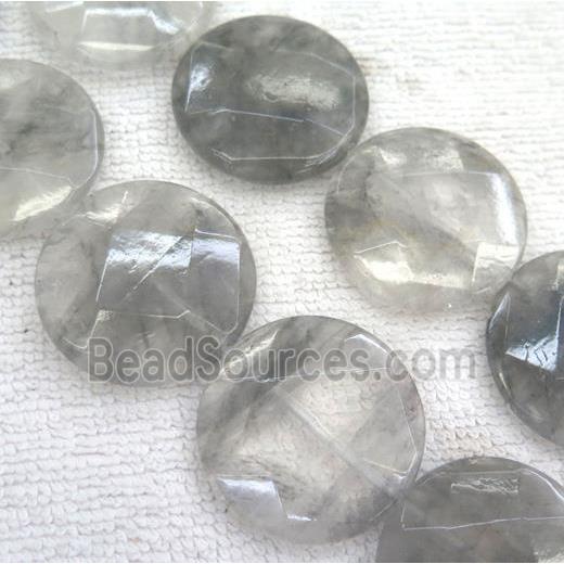 grey cloudy quartz beads, faceted flat-round