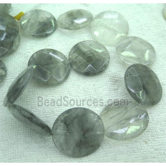 grey cloudy quartz beads, faceted flat-round