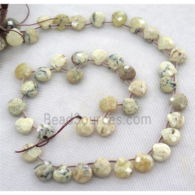 white Peruvian Moss Opal jasper bead, faceted teardrop, top-drilled