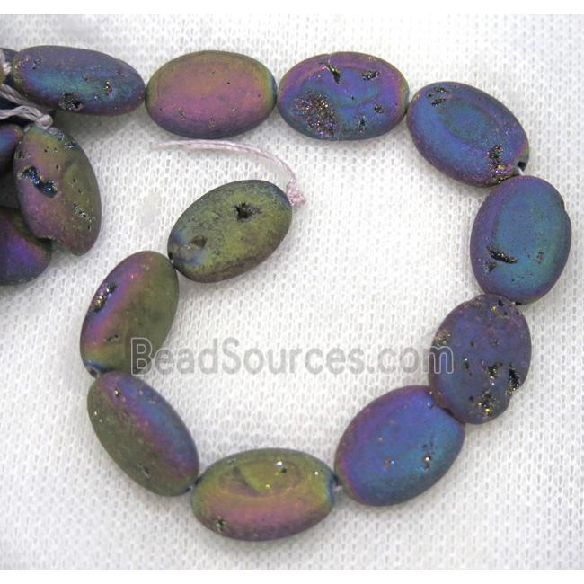 8" string of druzy agate oval beads, matte, rainbow electroplated