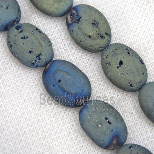 8" string of druzy agate oval beads, matte, green electroplated