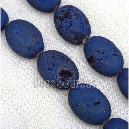 8" string of druzy agate oval beads, matte, blue electroplated