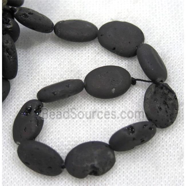 8" string of druzy agate oval beads, matte, black electroplated