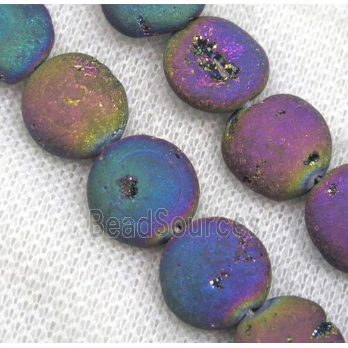 8" string of druzy agate beads, flat round, matte, rainbow electroplated