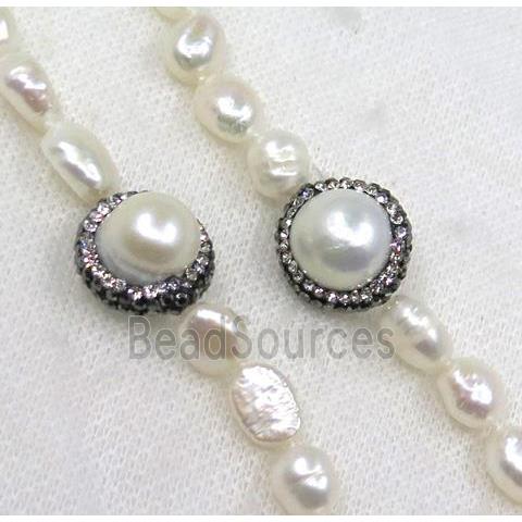 white freshwater pearl necklace pave rhinestone