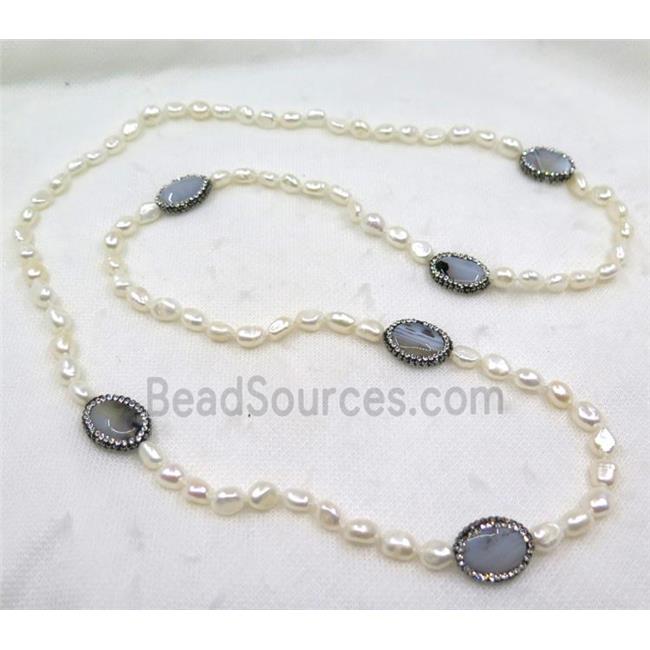 white freshwater pearl necklace pave rhinestone, heihua agate