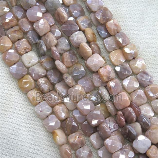 peach MoonStone beads, faceted square, AB color plated