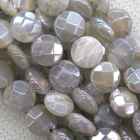 gray MoonStone beads, faceted flat-round, AB color plated