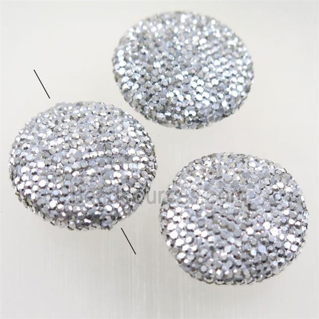 Resin beads paved silver rhinestone, flat round