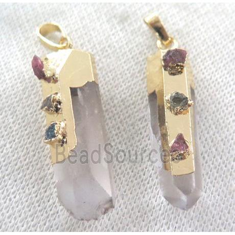 clear quartz pendant paved tourmaline, stick, gold plated