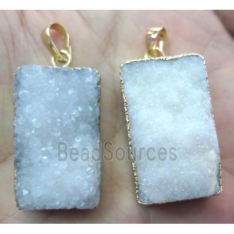 white quartz druzy pendant, rectangle, gold plated