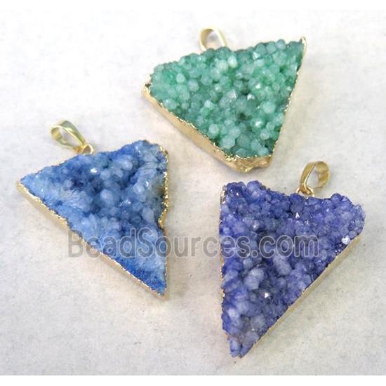 druzy quartz triangle pendant, mix color, gold plated