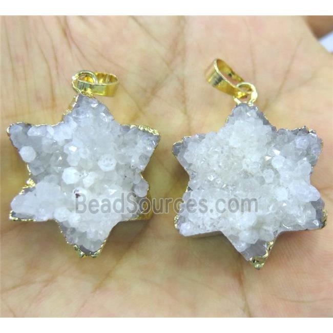 white druzy quartz pendant, star, gold plated