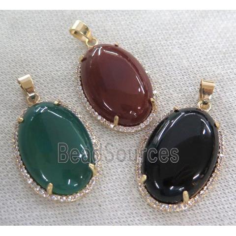 agate pendant with rhinestone, oval, mixed color