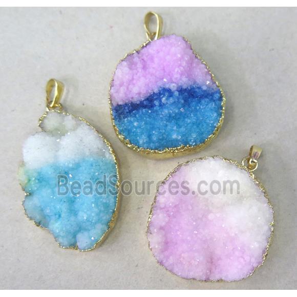 quartz druzy pendant, mixed color, freeform, gold plated