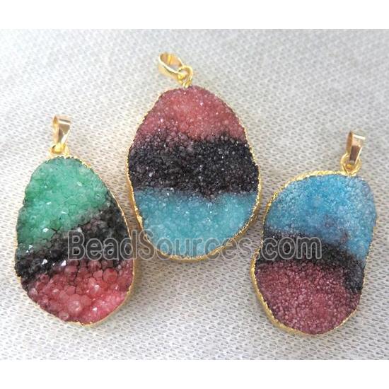 quartz druzy pendant, freeform, mixed color, gold plated