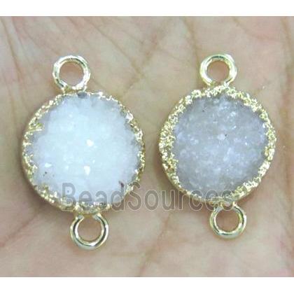 white druzy quartz connector, flat-round, gold plated