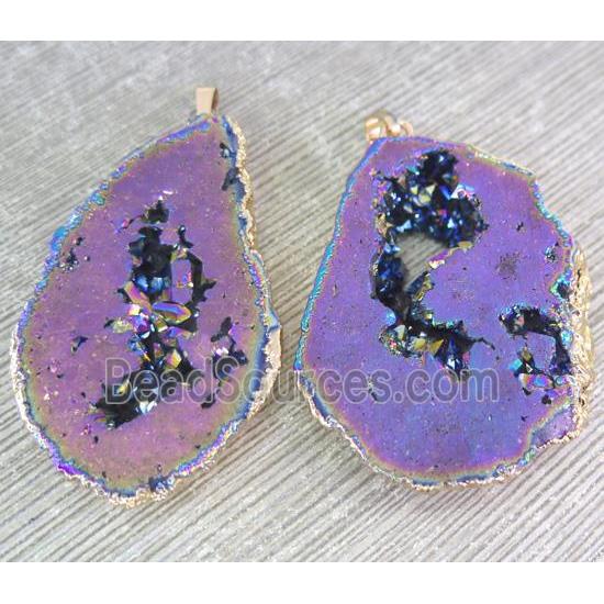 druzy agate slice pendant, freeform. rainbow electroplated