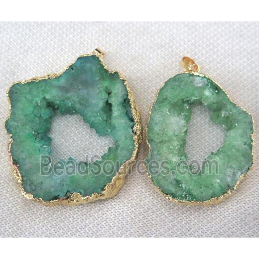 green agate druzy slice pendant, freeform, gold plated