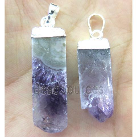 Amethyst druzy pendant, stick, silver plated