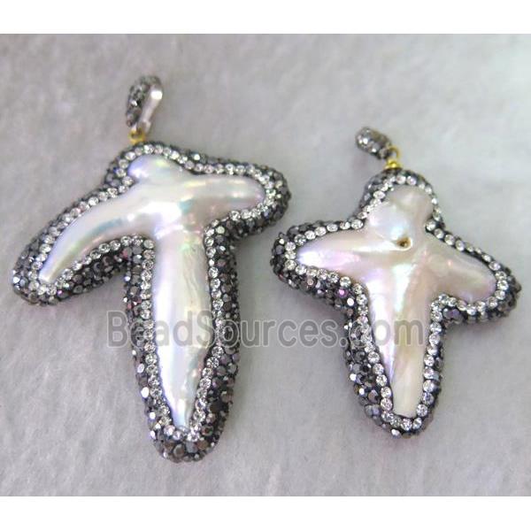 white Freshwater Pearl cross pendant paved rhinestone