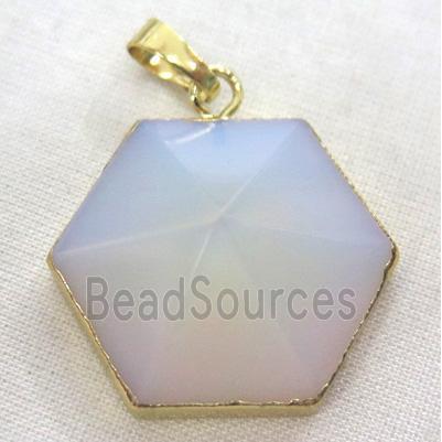 white opalite hexagon pendant, point, gold plated