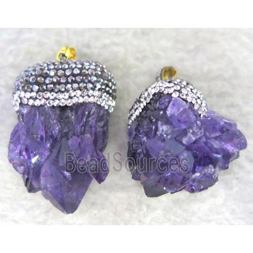 Amethyst druzy pendant paved rhinestone, freeform