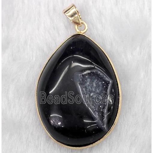 druzy agate pendant, teardrop, black