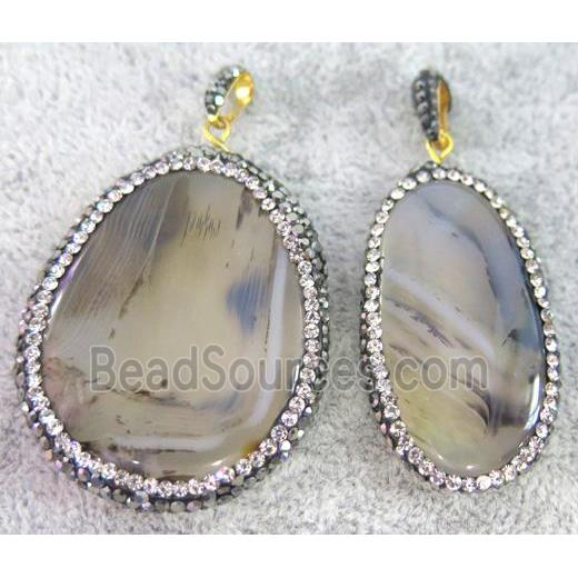 Heihua Agate pendant paved rhinestone, freeform, gray