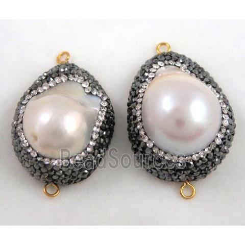 white freshwater pearl connector paved rhinestone, freeform