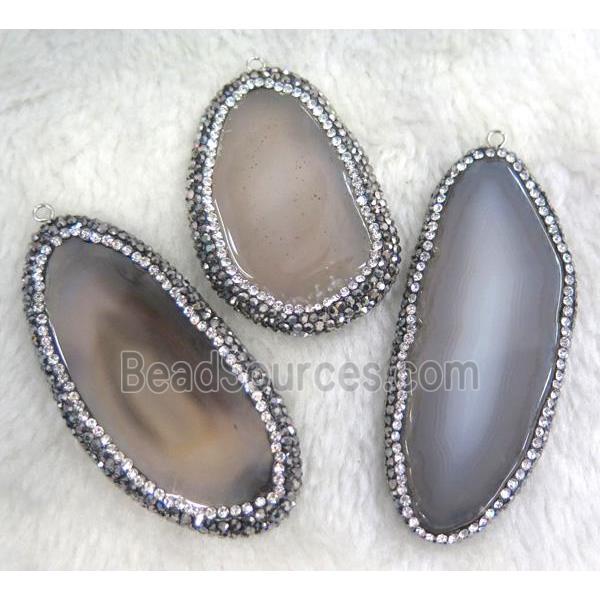 gray Agate slice pendant paved rhinestone, freeform