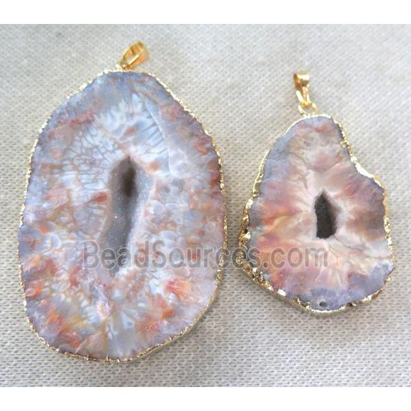 dragon veins agate druzy pendant, freeform, pink AB-color, gold plated