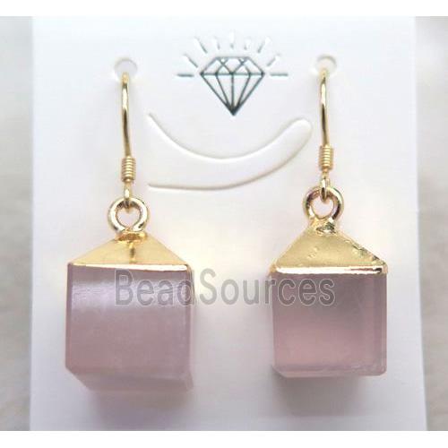 rose quartz cube earring, gold plated