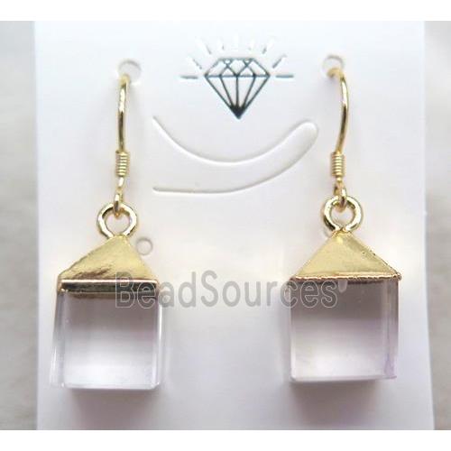 clear quartz earring, cube, gold plated