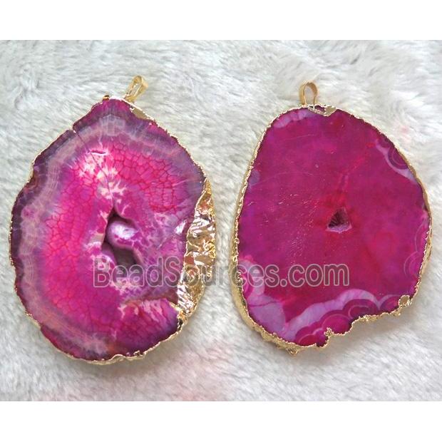 Agate druzy slice pendant, freeform, hotpink, gold plated