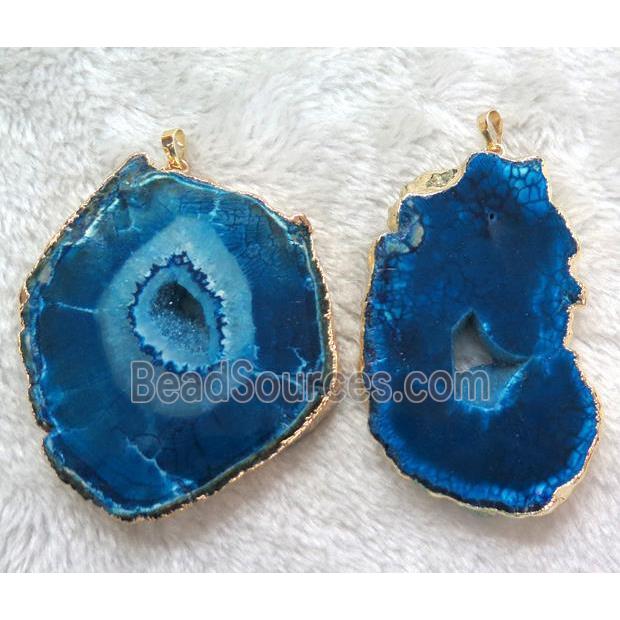 blue Agate druzy slice pendant, freeform, gold plated