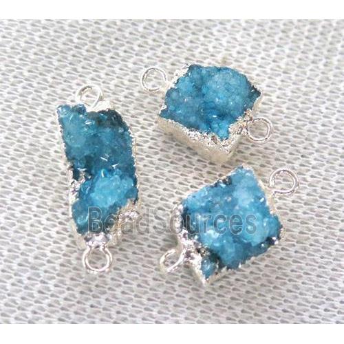 druzy quartz connector, blue, silver plated