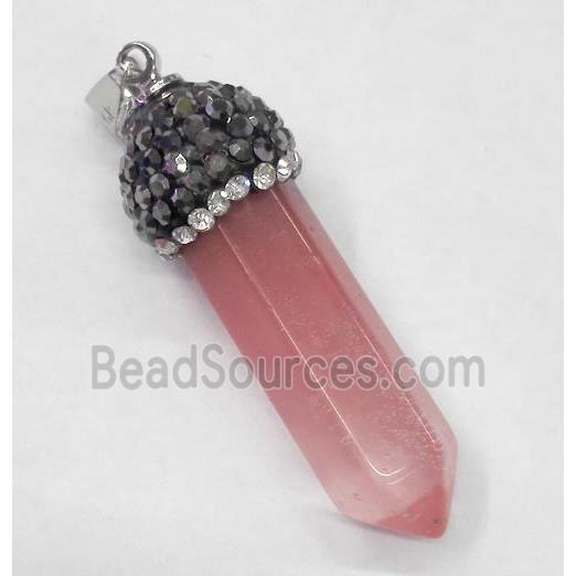 cherry quartz pendant paved rhinestone, bullet