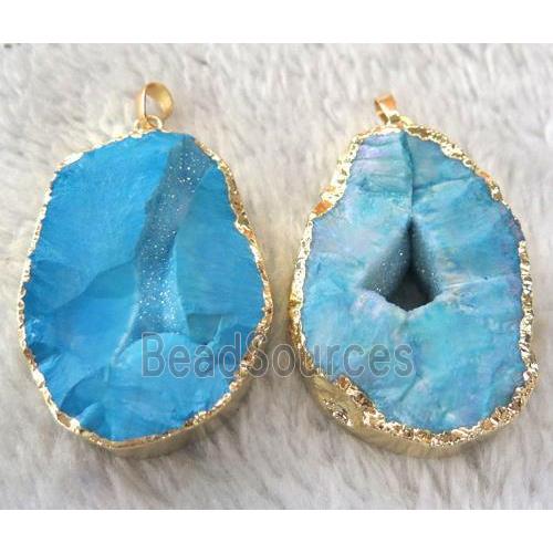 Druzy Agate pendant, blue AB-color, freeform, rough, gold plated