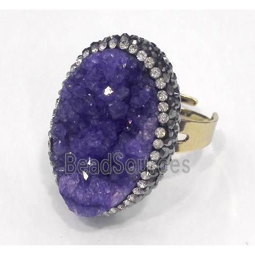 purple druzy quartz ring paved rhinestone, copper, gold plated