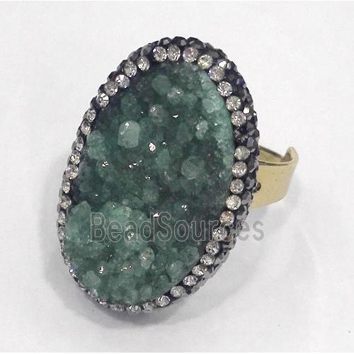 green druzy quartz ring paved rhinestone, copper, gold plated