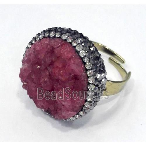 red druzy quartz ring paved rhinestone, copper, gold plated