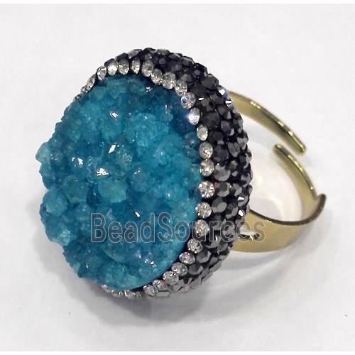 aqua druzy quartz ring paved rhinestone, copper, gold plated