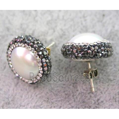 white pearl sterling silver earring studs paved rhinestone