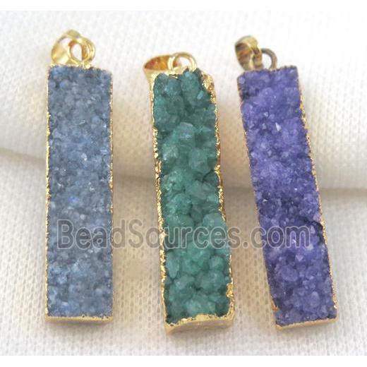 druzy quartz pendant, rectangle, mix color, gold plated