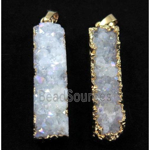 druzy quartz pendant, rectangle, white AB-color, gold plated