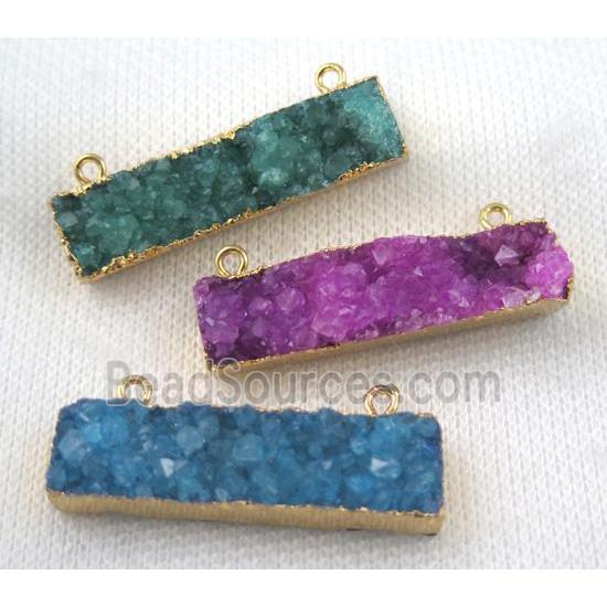 druzy quartz rectangle pendant with 2holes, mix color, gold plated