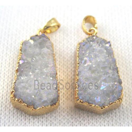 druzy quartz teardrop pendant, white AB-color, gold plated