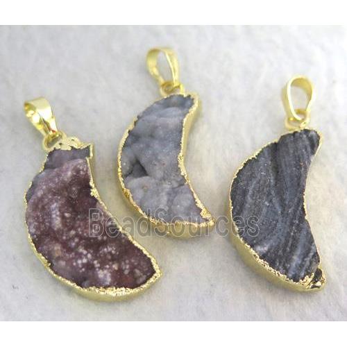 sun agate druzy pendant, moon shape, gold plated