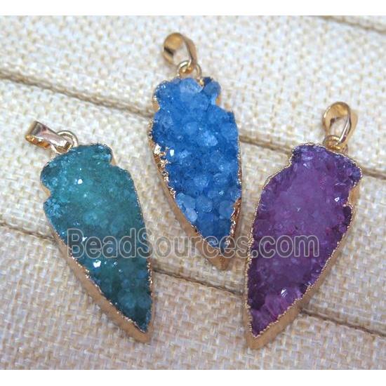 druzy quartz pendant, arrowhead, mix color, gold plated